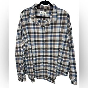 Men's Long Sleeve Lightweight Tan / Blue Plaid Casual Button Down Shirt 3XL